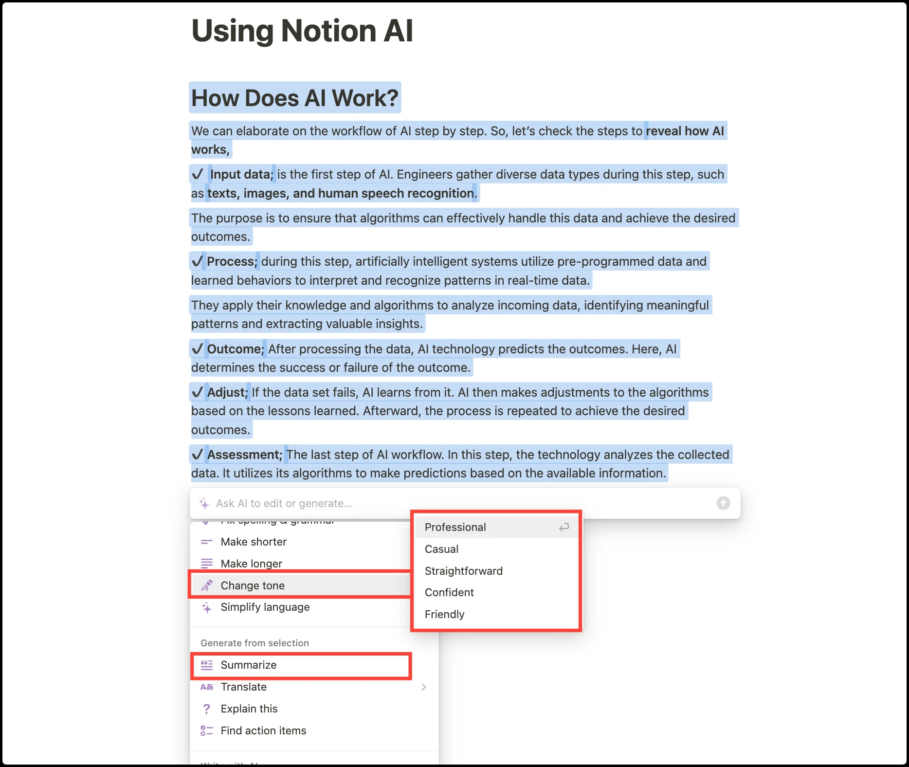 summarize content with notion ai