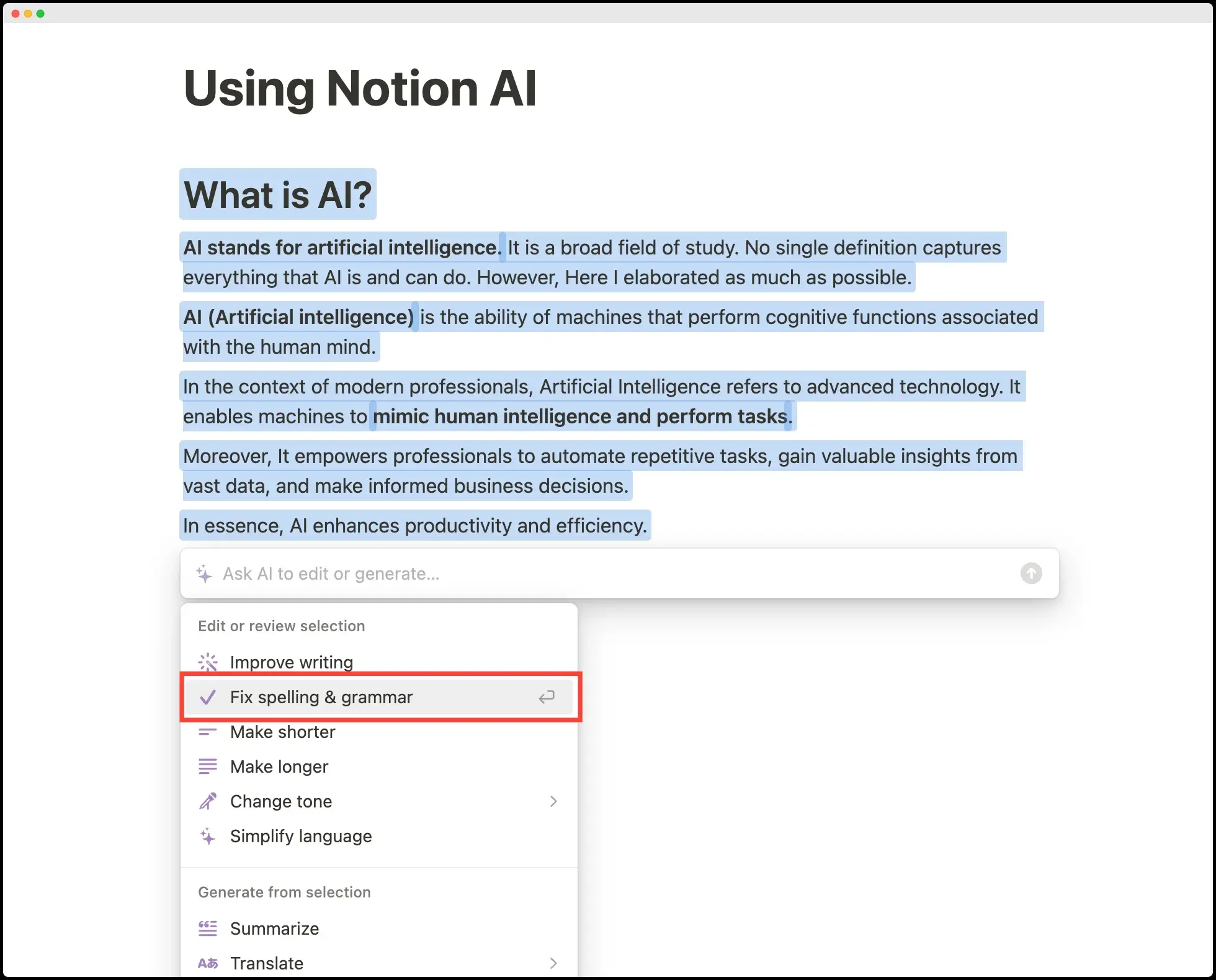 fix spelling and grammar with notion ai