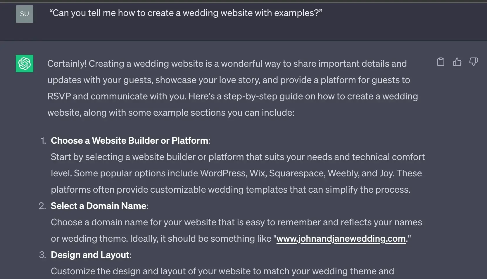 wedding website example chatgpt prompts