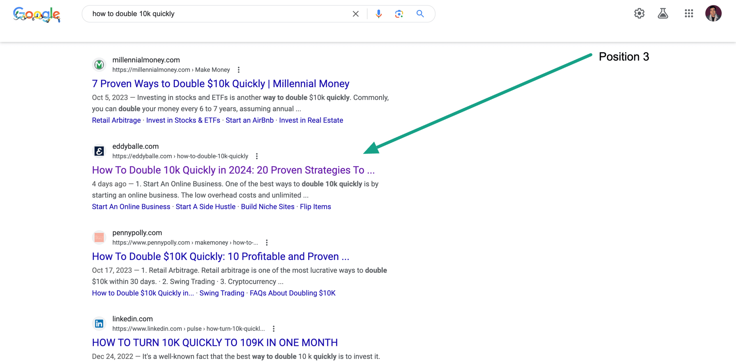 Showing an example of my blog post on the first page of Google using Surfer AI