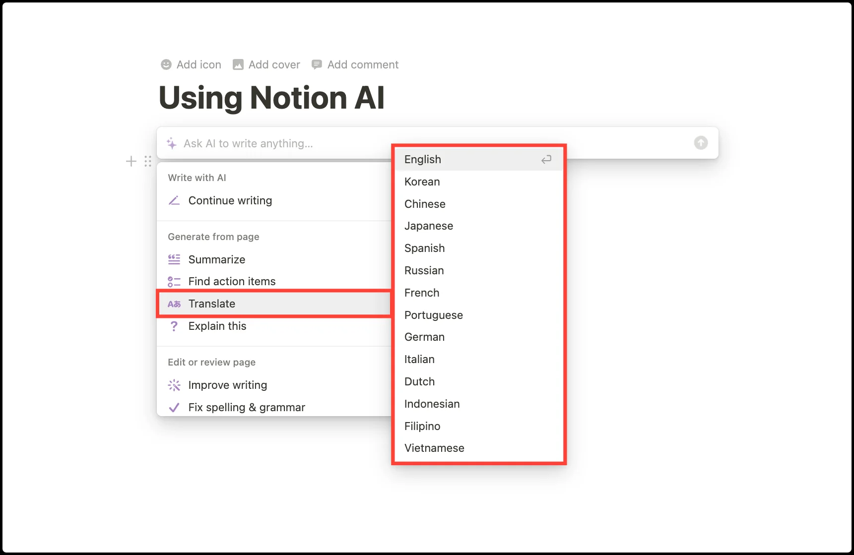 translate content using notion ai